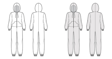 Onesie overall jumpsuit sleepwear technical fashion illustration with full length, hood, zipper closure, kangaroo pouch. Flat Dungaree front back, white, grey color style. Women, men unisex CAD mockup