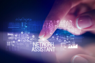 Finger touching tablet with web technology icons and NETWORK ASSISTANT inscription