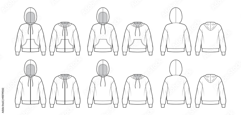Wall mural Set of Zip-up Hoody sweatshirt technical fashion illustration with long sleeves, oversized body, kangaroo pouch, banded hem. Flat apparel template front, back, white color. Women men unisex CAD mockup - Wall murals
