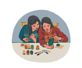 Family painting easter eggs. Two asian girls drawing ornament on egg. Flat spring characters on cartoon background.Vector holiday illustration. Good for web banner, card, poster, print or web design