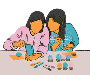 Family painting easter eggs. Two white girls drawing ornament on egg. Flat spring characters on cartoon background. Hand drawing holiday illustration. Good for web banner, card, poster, print or web