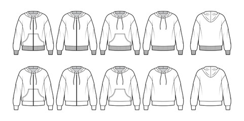 Set of Zip-up Hoody sweatshirt technical fashion illustration with long sleeves, oversized body, kangaroo pouch, knit cuff. Flat template front, back, white color. Women, men, unisex CAD mockup © Vectoressa