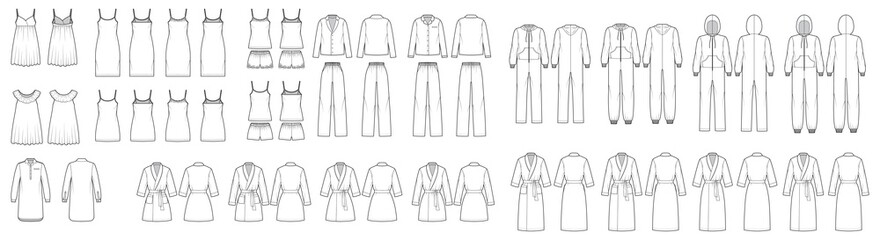 Set of Sleepwear Pajamas overall dresses, pants, bathrobe, chemise, nightshirt technical fashion illustration with full knee mini length. Flat front back, white color. Women, men unisex CAD mockup