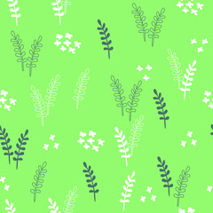 Seamless repeat background leaves and flowers on a green field