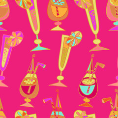 Seamless vector illustration design of silhouettes of cocktail glasses with lemon in bright pink