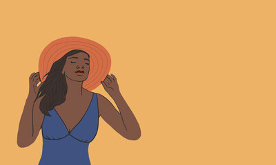 Attractive african woman wearing blue swimsuit and beach hat. Black beautiful girl enjoy summertime on beach concept.Flat vector illustration, Good for web design template, banner, poster, card, flyer