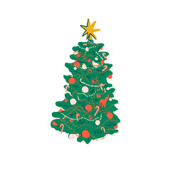 Christmas tree with ornaments and stars on top. Xmas tree vector illustration for web design, holiday card, poster, sticker, poster, packaging design
