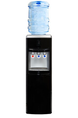 complete photo of black electric purified water dispenser with hot and cold water with refrigerator included on a white background