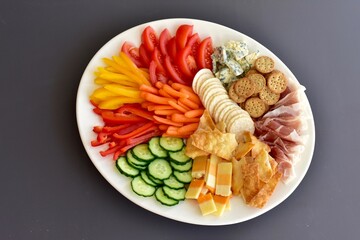 Healthy appetizer charcuterie platter with cheese, vegetables and crackers for party buffet food. Photo concept, background food, copy space