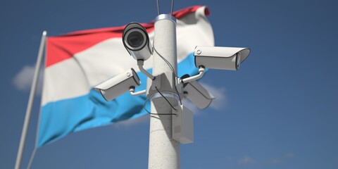 Naklejka na ściany i meble Flag of Luxembourg and four security cameras, 3d rendering