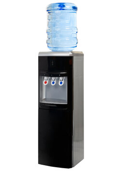 complete photo of black electric purified water dispenser with hot and cold water with refrigerator included on a white background