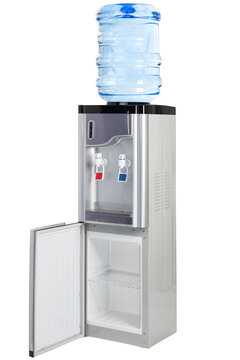 complete photo of silver electric purified water dispenser with hot and cold water with refrigerator included and door open on a white background