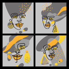 A set of female abstract portraits made with a continuous line. Modern Art. Template for print, banner, flyer, postcard.