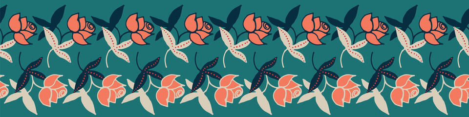 Rows of roses decorative vector border. Horizonatal embellishment for cards, posters and fabrics. Can be tiled as seamless allover pattern on stationery, gift wrap, textiles, backgrounds and packaging