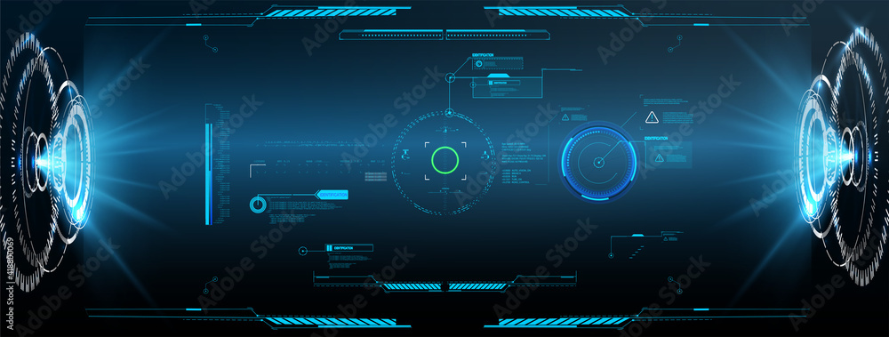 Poster Virtual reality. Futuristic VR head-up display design. Futuristic Vector HUD Interface Screen Design.  HUD UI GUI futuristic user interface screen elements set. High tech screen for video game. 