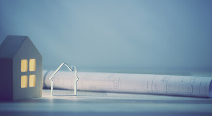 projet immobilier, plan architecte, bannière sur fond bleu