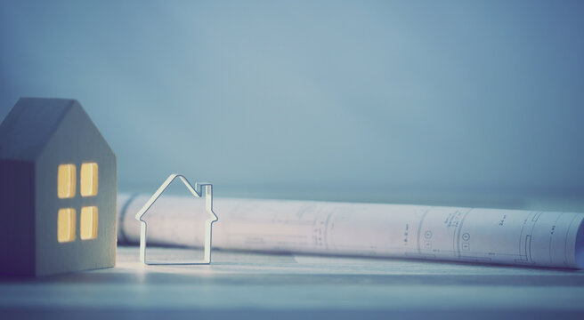 projet immobilier, plan architecte, banni&egrave;re sur fond bleu