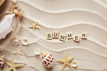Fototapeta na wymiar summer concept: sandy beach background with message in a bottle