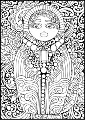 Fototapeta na wymiar black and white russian matreshka doll coloring page, postcard, illustration