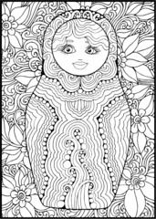black and white russian matreshka doll coloring page, postcard, illustration