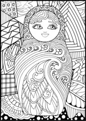 black and white russian matreshka doll coloring page, postcard, illustration