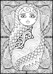 black and white russian matreshka doll coloring page, postcard, illustration