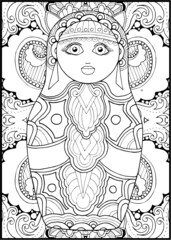 black and white russian matreshka doll coloring page, postcard, illustration