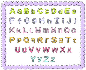 Set of bubble or cloudy like cartoon upper and lower case letters, alphabet, and wavy frame
