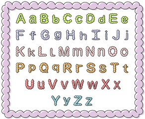 Set of bubble or cloudy like cartoon upper and lower case letters, alphabet and wavy frame