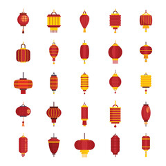 Fototapeta na wymiar Chinese festival flat lanterns. China street asian chinatown wedding paper flat lanterns cartoon symbols isolated on white background
