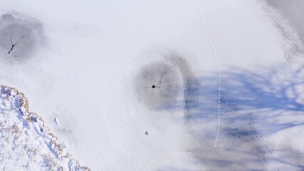 Round hole in a frozen lake. a natural hole from an underwater spring that prevents ice from freezing on the surface of the lake. Topshot - Aerial Flight 