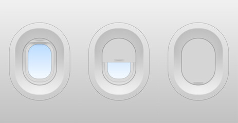 Airplane windows oval shaped in realistic style. Plane, jet interior elements open, half-closed, closed.