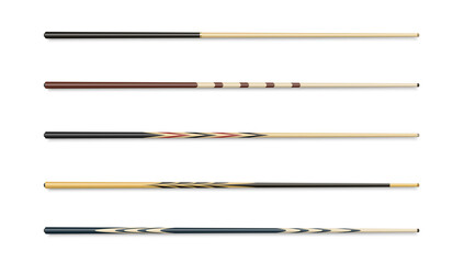 Cues for billiard, snooker realistic templates set . Wooden sticks with various design for cuesports.
