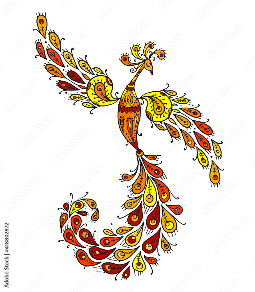 Poster firebird with a majestic tail. phoenix bird. mythical character. ornamental silhouette for your desi