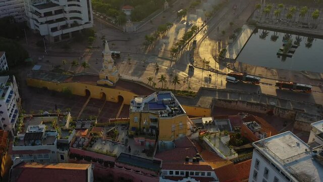 Torre del Reloj in Cartagena de Indias, Colombia - Sunrise Drone Orbit footage