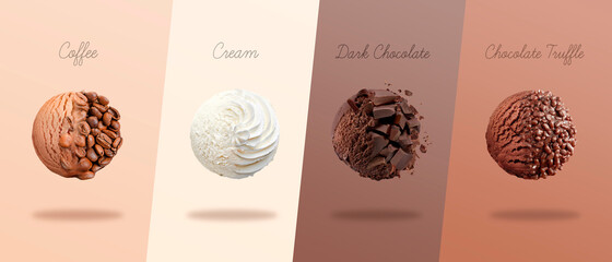Scoops of ice cream with pieces of coffee, cream, dark chocolate and truffle
