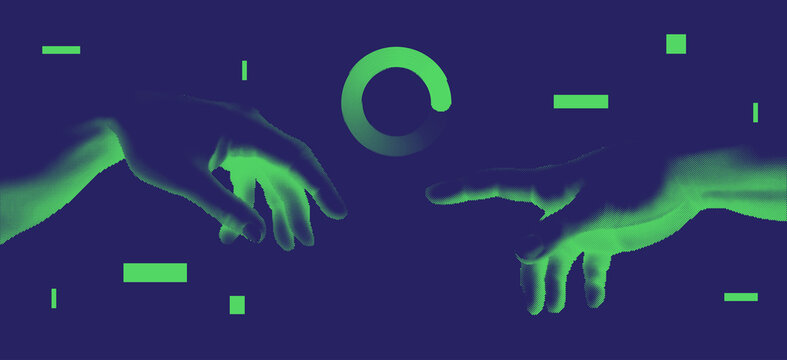 Creation of Adam. Contemporary art collage. Vaporwave style poster concept.