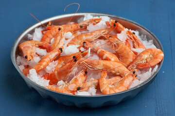 Raw red shrimps on ice