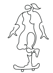 One line drawing of skater woman.
One continuous line drawing of woman riding her longboard.