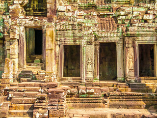 Detail of the ancient Bayon ruins at the Angkor Wat temple complex, Cambodia