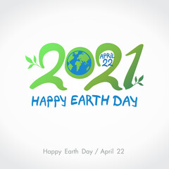 Green handwritten logo Blue planet Earth. 2021. Happy Earth Day. April 22. Vector hand drawn template.