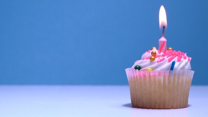 Cupcake with single birthday candle burning and sugar sprinkles icing on blue background. Delicious muffin decoration. Homemade vanilla cup cake with buttercream frosting. Shallow depth of field.