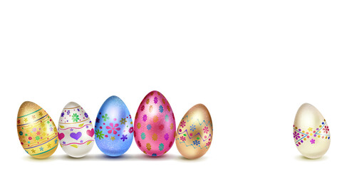 Illustration with several realistic Easter eggs in various colors with holiday symbols, glares and shadows on white background