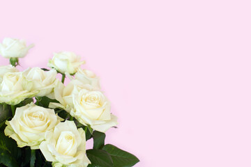 Beautiful bouquet of white roses on pink background