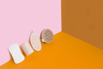 Set of zero waste bathroom essentials on color background.