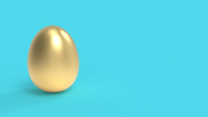 Golden Eastern egg on blue background. Spring holiday concept. 3D rendering