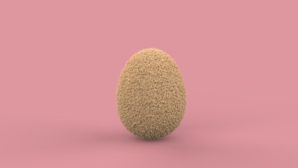 Isolated fuzzy yellow Eastern egg on pink background. Spring holiday concept. 3D rendering