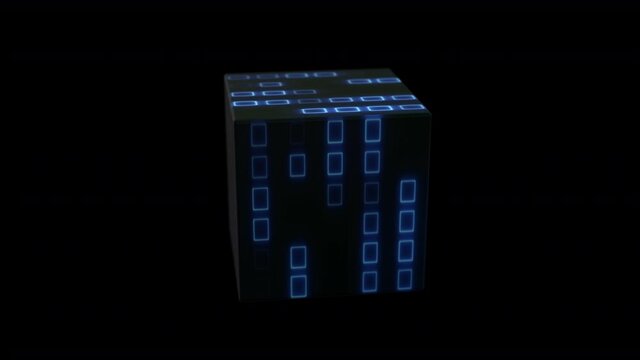 3d digital technology concept. Black cube data blocks blockchain analysis. 4k animation loop