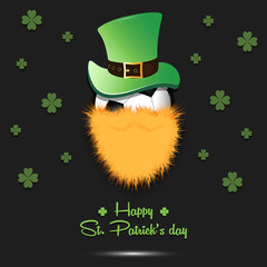 Happy St. Patricks day. Leprechaun in the form of a soccer ball. Soccer ball with beard and leprechaun hat. Greeting card design template. Vector illustration
