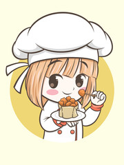 cute chef girl holding a chicken ball. fast food logo illustration concept.
